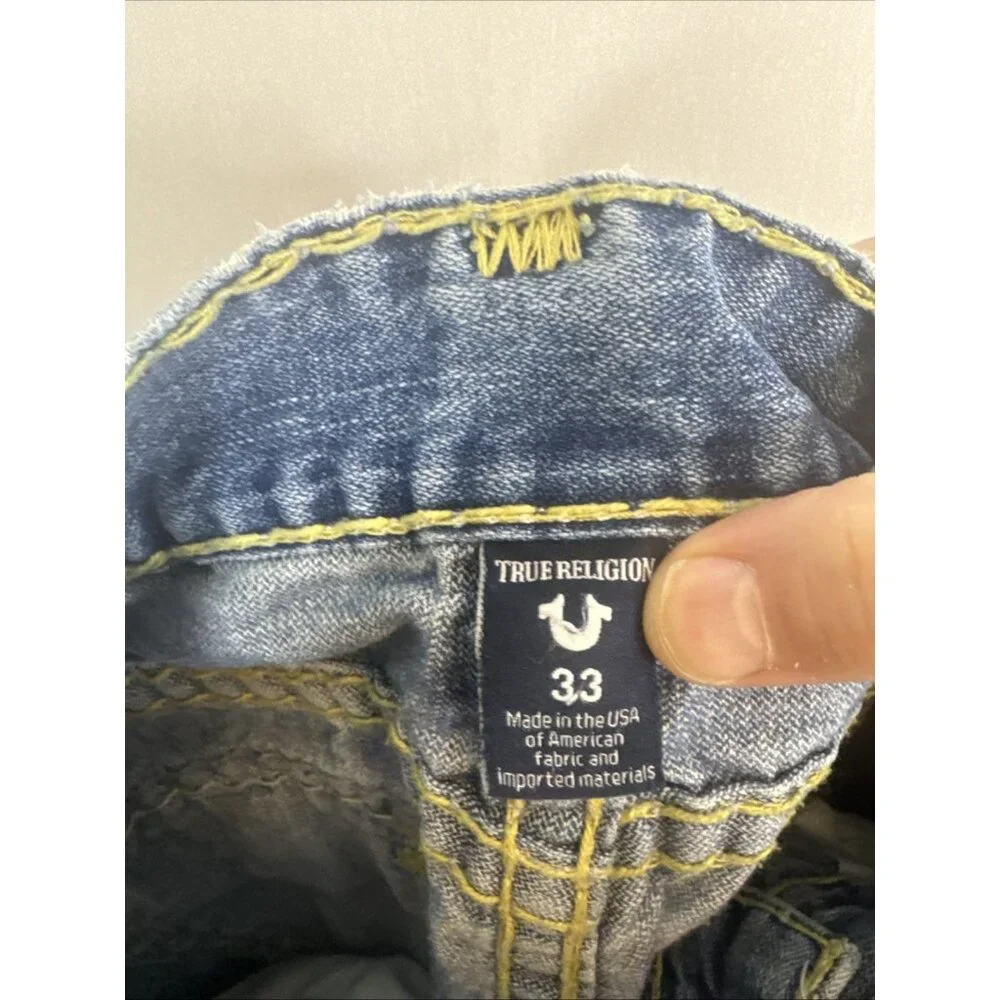 True Religion Ricky Jeans 33x31 Distressed Blue Denim Flap USA‎ Yellow Stitch